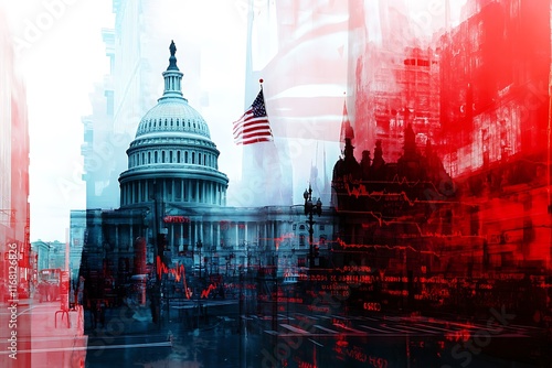 White House with united state of America flag and stock market chart for USA election president related with economy and investment concept.