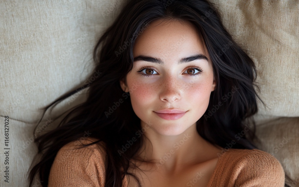Brunette woman with freckles, brown top, lying down looking at the camera. Brunette woman with freckles, brown top, lying down looking at the camera.
