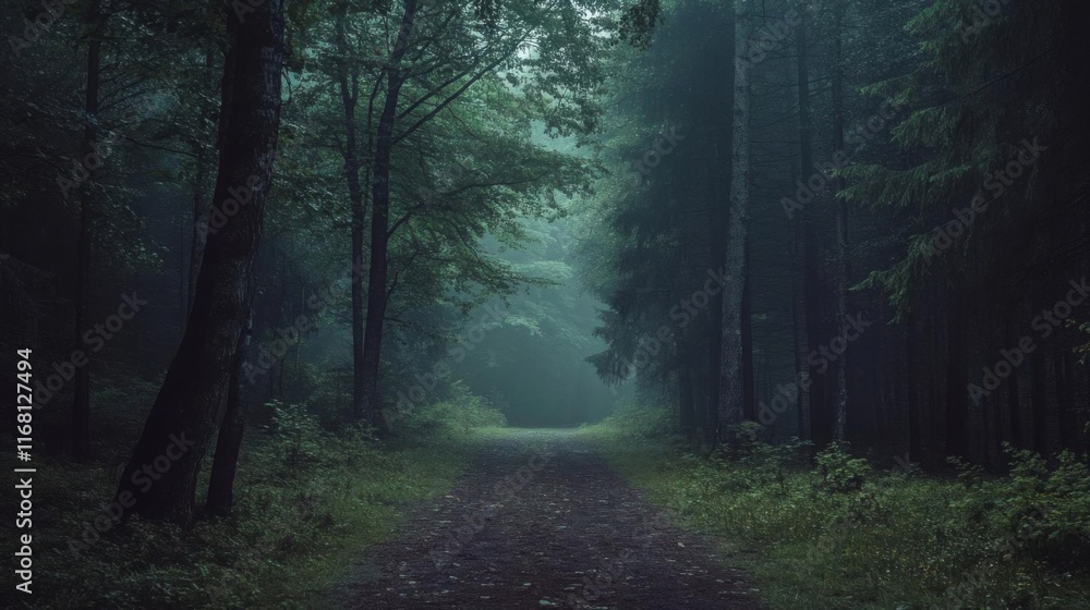 Fototapeta premium Misty Forest Path: An Eerie Walk Through Nature