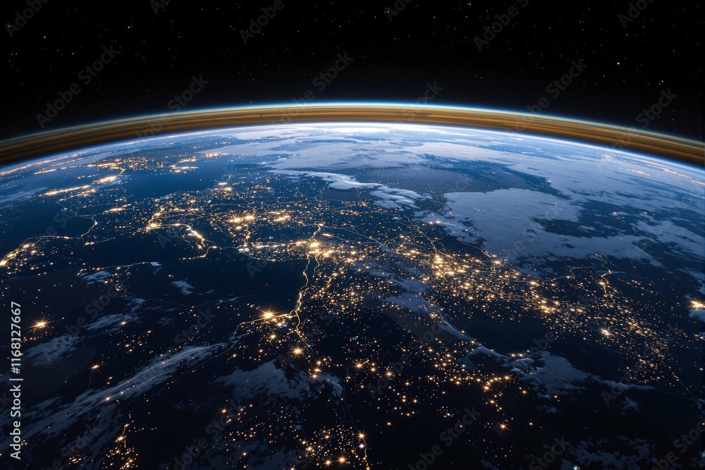 Fototapeta premium View of Earth from space at night, showcasing glowing city lights with a visible atmosphere against a starry background. Concept of connectivity. Ai generative