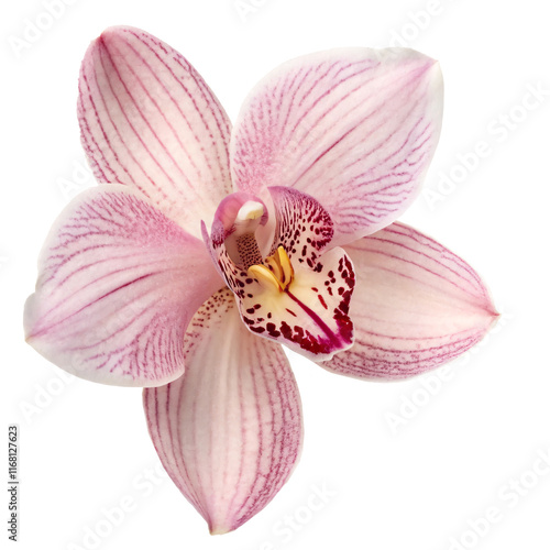 Elegant pink orchid with detailed petals and vibrant colors on a white background, symbolizing beauty and nature's delicacy
