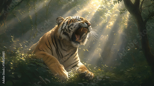 tiger roaring fiercely in sunlit forest, surrounded by lush greenery and dappled light, evokes sense of power and majesty in wild