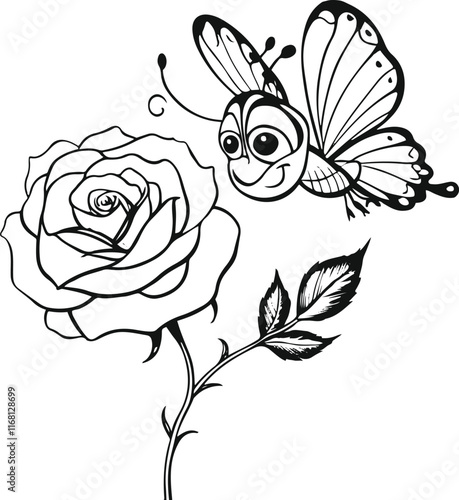 A rose flower, a butterfly flying and sitting on the rose, line art and thick lines, clear lines, no color, white background, funny art style, different design style 4.eps