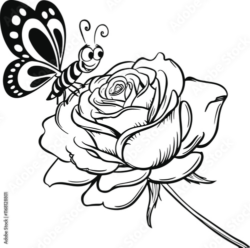 A rose flower, a butterfly flying and sitting on the rose, line art and thick lines, clear lines, no color, white background, funny art style, different design style 5.eps