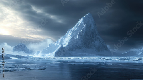 Majestic ice mountain under dramatic sky, showcasing beauty of nature frozen landscapes. scene evokes sense of tranquility and awe