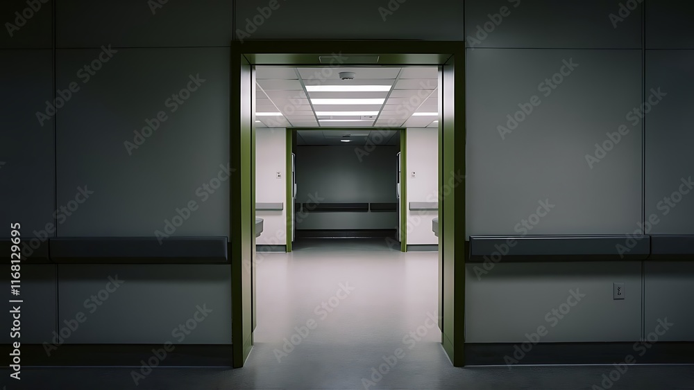 Empty white room seen through green doorway in modern hospital Empty white room seen through green doorway in modern hospital