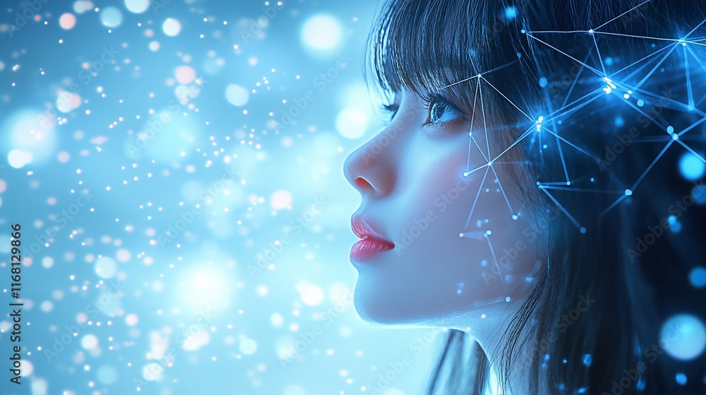 Woman's profile with digital network connections, bokeh background. Woman's profile with digital network connections, bokeh background.