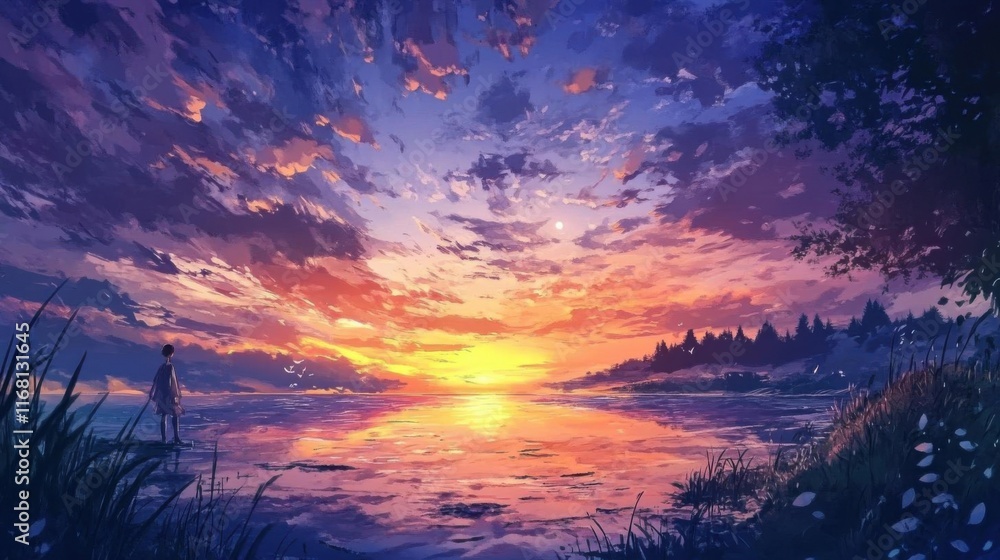 Fototapeta premium Sunset Lake: Solitude, Tranquility, and Colorful Sky