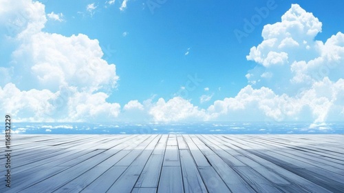 Serene Sky: Wooden Deck, Clouds, Blue Horizon