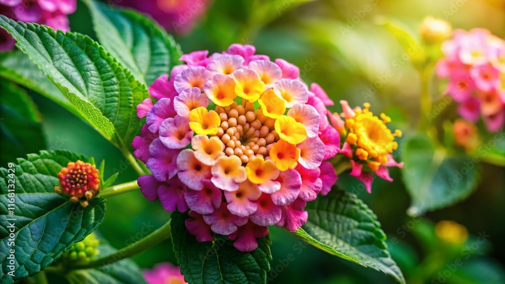 Aerial Close-up of Bicolor Pink and Yellow Lantana Flower Head in Bloom Aerial Close-up of Bicolor Pink and Yellow Lantana Flower Head in Bloom