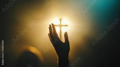 Worship God concept: Silhouette christian people hand rising over blurred cross on spiritual light background