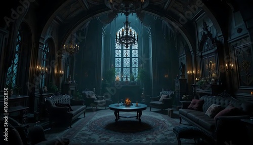 Dark Gothic Room Interior Design Candles Chandelier Grand Window
