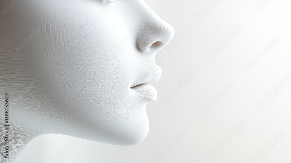 Abstract close-up of a smooth, featureless face silhouette in soft light, representing calmness and serenity, set against a clean white background with ample copy space