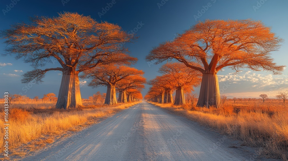 Sunset over a dirt road lined with majestic baobab trees. Sunset over a dirt road lined with majestic baobab trees.
