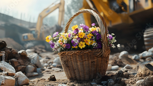 Spring flowers in a basket inside a construction site with construction machinery in the background. Concept of spring time in the construction industry.