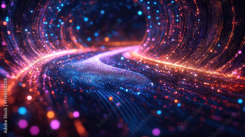 Abstract glowing fingerprint with swirling holographic lines, symbolizing modern innovation, set on a clean futuristic background