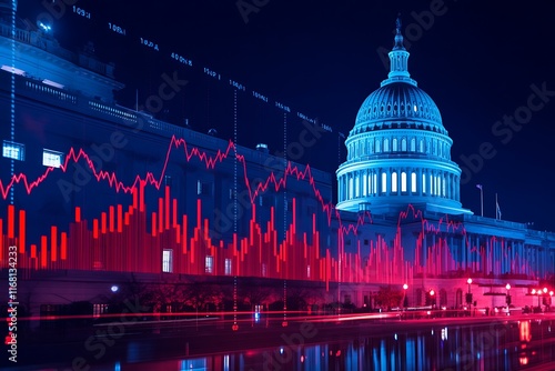 Capitol dome building at night, Washington DC, USA. Illuminated Home of Congress and Capitol Hill. Forex graph hologram.