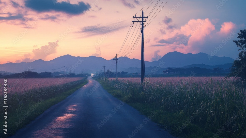 A quiet rural road in Thailand at sunset, bordered by sugarcane fields and distant mountains under a soft evening glow. A quiet rural road in Thailand at sunset, bordered by sugarcane fields and distant mountains under a soft evening glow.