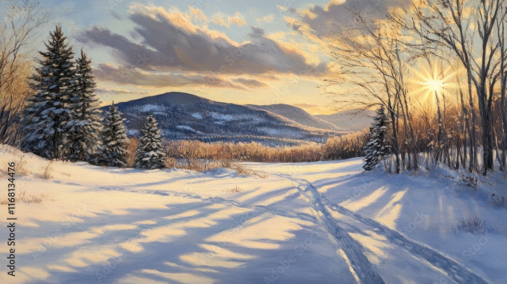 A quiet winter evening, with the sun setting behind frosted mountain ridges and casting long shadows over the snowy ground. A quiet winter evening, with the sun setting behind frosted mountain ridges and casting long shadows over the snowy ground.