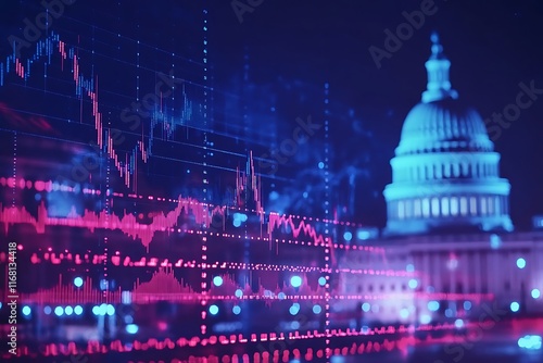 Capitol dome building at night, Washington DC, USA. Illuminated Home of Congress and Capitol Hill. Forex graph hologram.