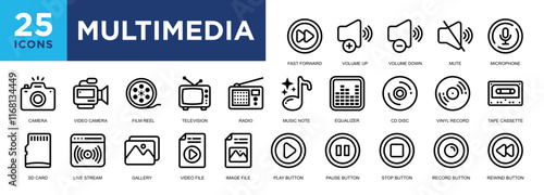 Multimedia, media, technology, digital, video, internet icon set. icons collection. Simple vector illustration