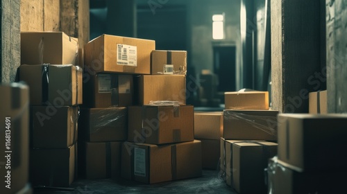 A realistic pile of closed cardboard boxes, varying sizes with clear tape and labels, creating a tidy warehouse-ready appearance.