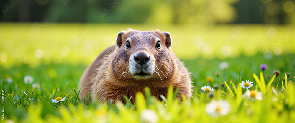 Fototapeta premium Curious groundhog peeking out of burrow in green meadow, Groundhog Day