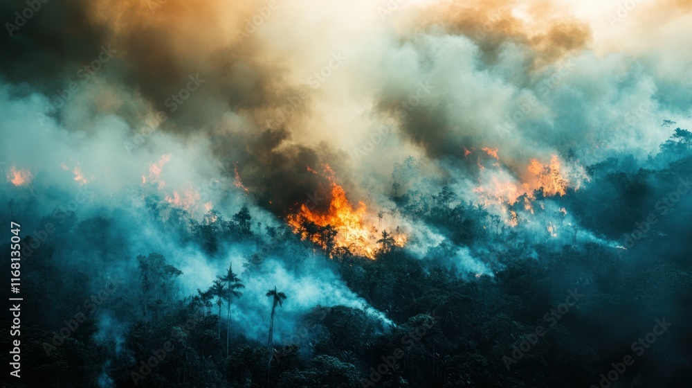 Obraz premium A satellite image of a tropical forest fire, smoke plumes visible from space, emphasizing large-scale carbon emissions.