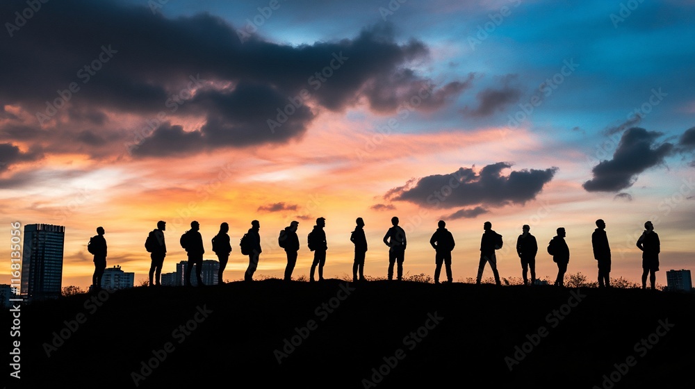 Silhouetted figures stand in a line at sunset, overlooking a cityscape. Silhouetted figures stand in a line at sunset, overlooking a cityscape.