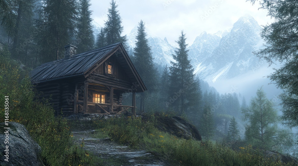 A rustic wooden cabin nestled in a foggy forest in the Bavarian Alps, surrounded by towering pines and a serene mountain backdrop A rustic wooden cabin nestled in a foggy forest in the Bavarian Alps, surrounded by towering pines and a serene mountain backdrop