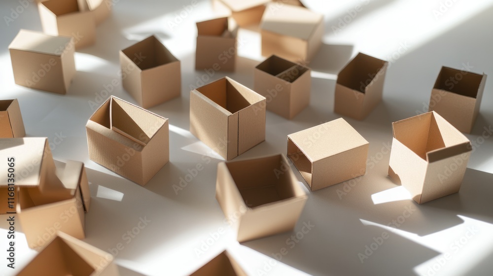 Fototapeta premium A scattered pile of cardboard boxes, some tilted and opened, creating a casual yet realistic storage concept on a white surface.