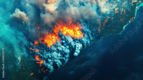 A satellite image of a tropical forest fire, smoke plumes visible from space, emphasizing large-scale carbon emissions.
