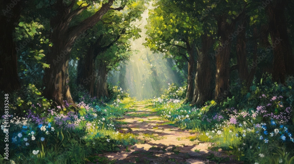 A scenic forest pathway surrounded by towering green trees and blooming wildflowers, illuminated by rays of sunshine breaking through the canopy. A scenic forest pathway surrounded by towering green trees and blooming wildflowers, illuminated by rays of sunshine breaking through the canopy.