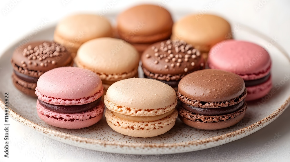 Beautifully Arranged Colorful Macarons on Clean White Backdrop Beautifully Arranged Colorful Macarons on Clean White Backdrop
