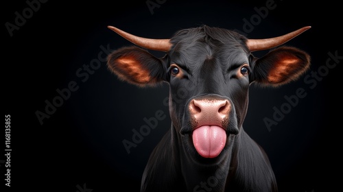 Close-up of black bull sticking out tongue against dark background, detailed horns and expressive pose, digital illustration