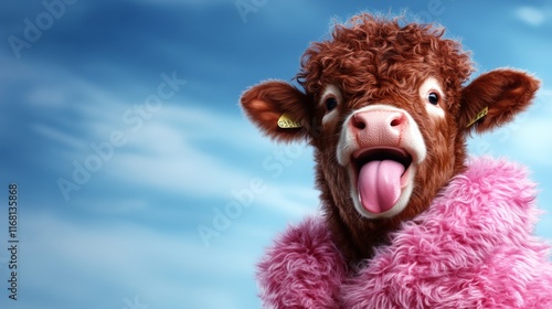 Playful cow sticking its tongue out, wearing a pink fur garment against vibrant blue sky background, cheerful and whimsical illustration photo