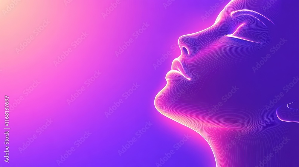 A simple digital face in glowing light, representing technology and identity, set against a soft gradient background with ample space for text A simple digital face in glowing light, representing technology and identity, set against a soft gradient background with ample space for text