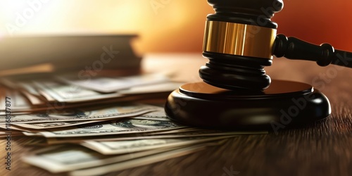 Legal gavel, stacks of money, judicial proceedings, courtroom drama, financial litigation, corruption concept, wooden judge's bench, dramatic lighting, close-up detail, legal tender, currency notes, j photo