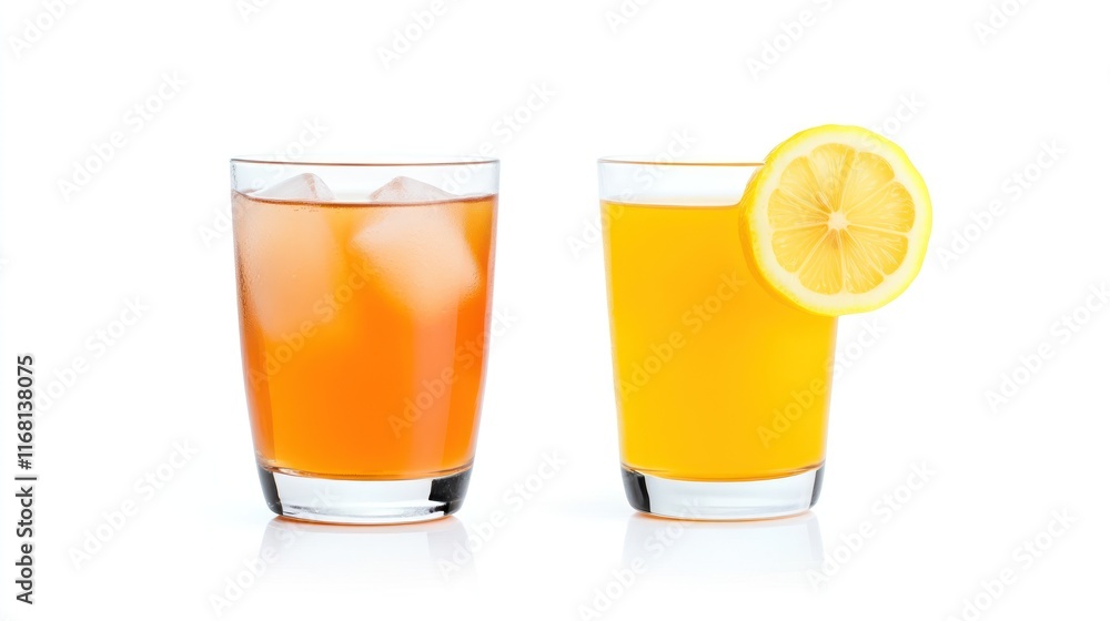 Two refreshing drinks, one iced tea and one lemonade, on a white background. Two refreshing drinks, one iced tea and one lemonade, on a white background.