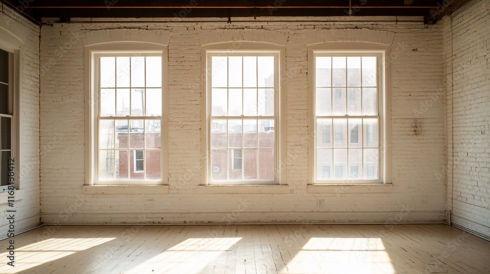 Empty white brick room with three large windows, sunlight streaming through, hardwood floor. Empty white brick room with three large windows, sunlight streaming through, hardwood floor.