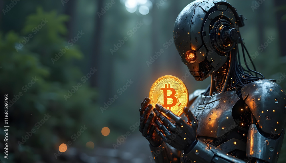 Fototapeta premium Illustration of a cyborg robot with bitcoins