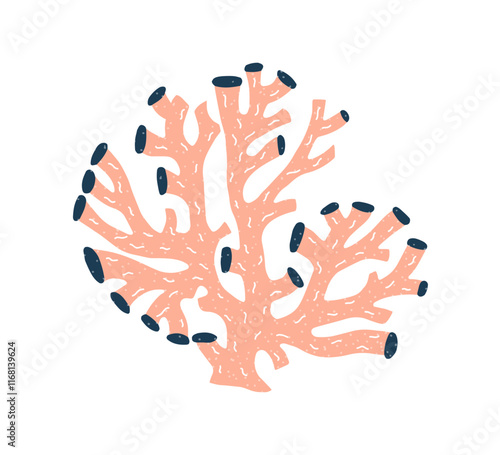 Coral reef branch. Exotic marine underwater plant. Ocean fauna, tropical hard structure. Decorative sea nautical decor. Undersea decoration. Flat vector illustration isolated on white background