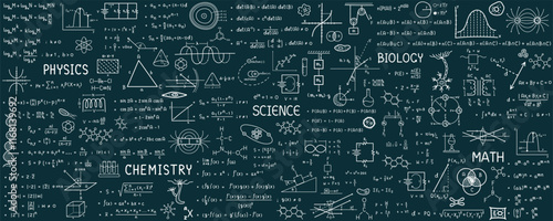 Science line hand drawn symbols. Geometric icons and formulas of important science technology theories. Vector illustration for background.