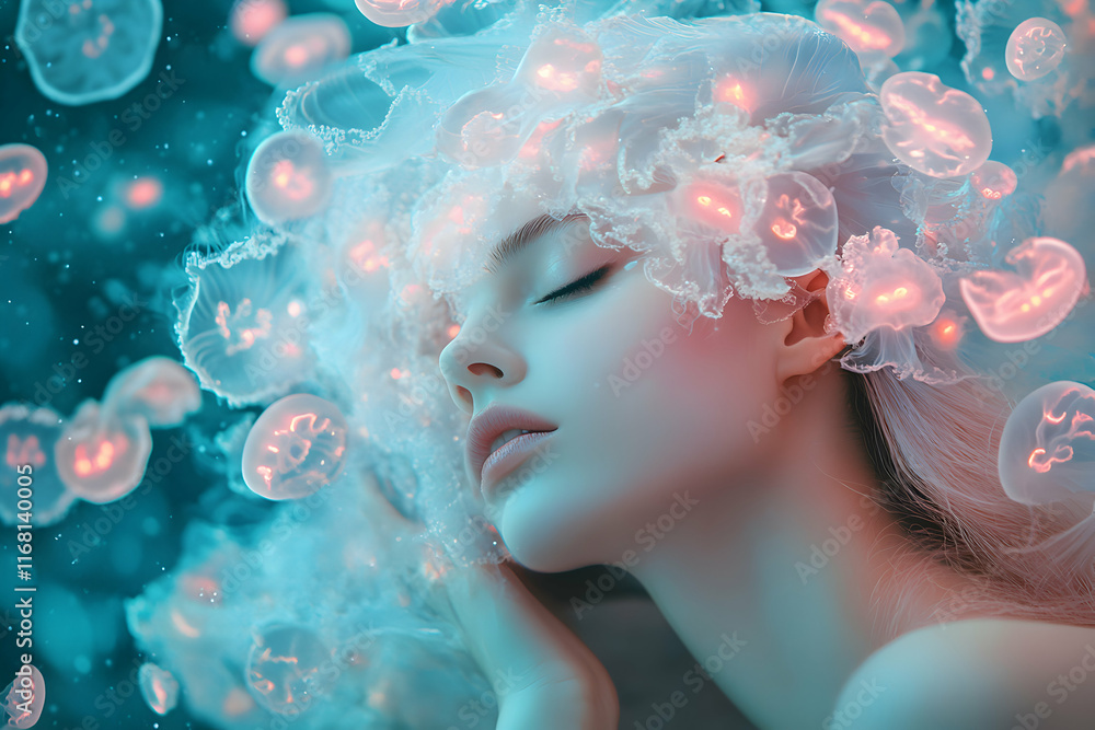 Enchanted Mermaid: A Dreamlike Portrait of a Woman Surrounded by Glowing Jellyfish Enchanted Mermaid: A Dreamlike Portrait of a Woman Surrounded by Glowing Jellyfish