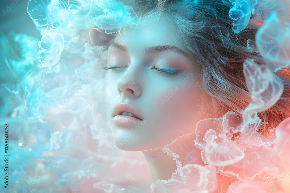 Enigmatic Beauty: A Dreamlike Portrait of a Woman Surrounded by Jellyfish Enigmatic Beauty: A Dreamlike Portrait of a Woman Surrounded by Jellyfish