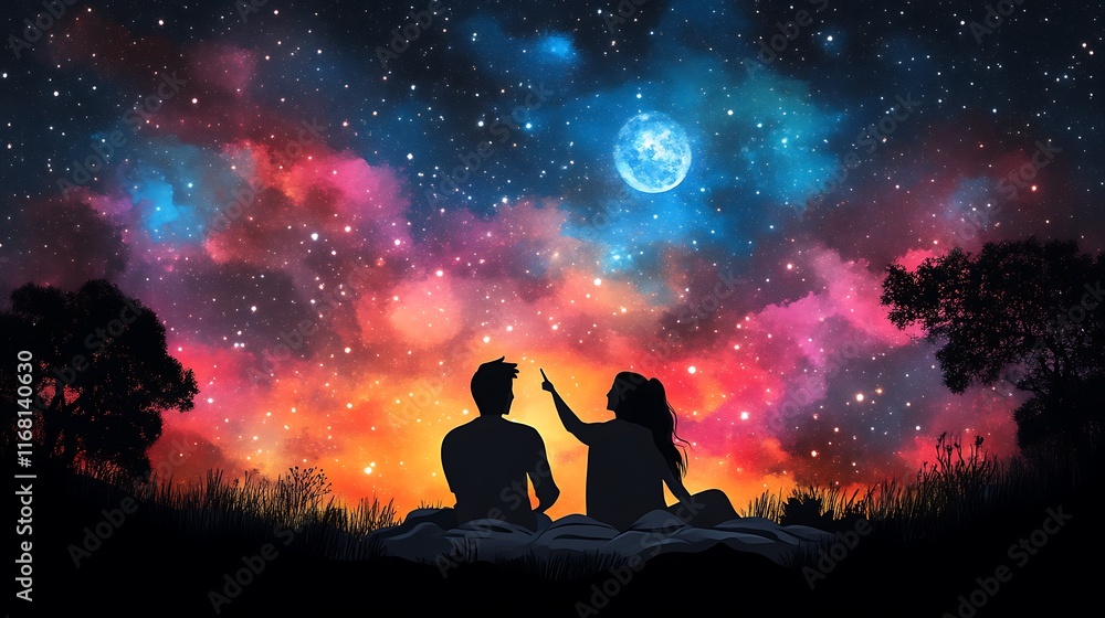 Couple stargazing under a vibrant night sky. Couple stargazing under a vibrant night sky.