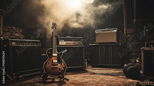 Electric guitar on stage with amps and smoke. photo