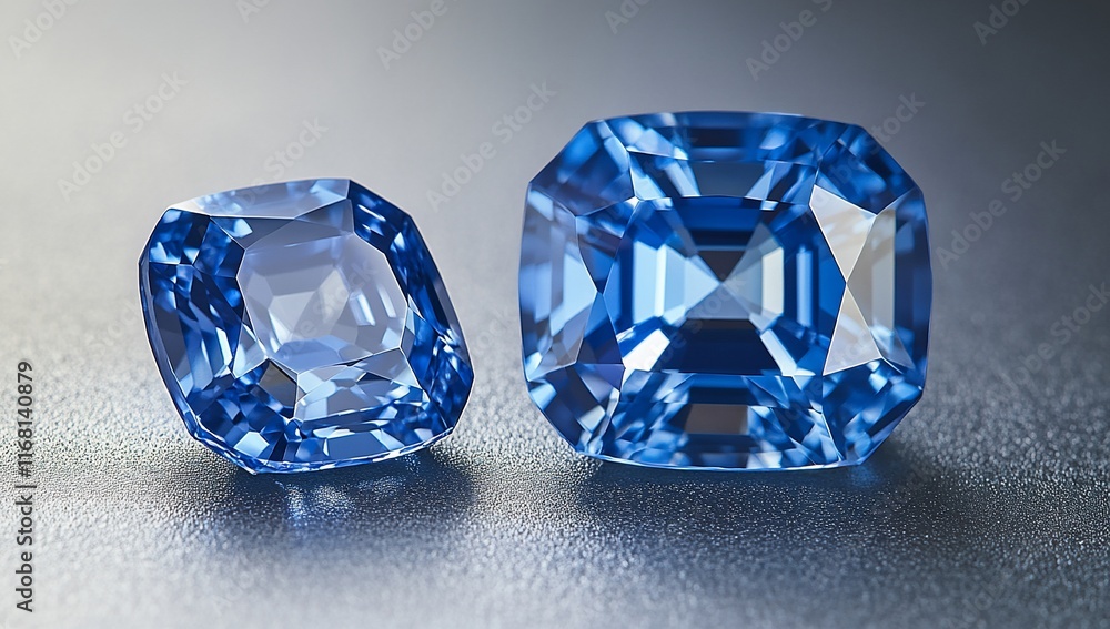 Two blue gemstones, cushion cut, displayed on a gray background. Two blue gemstones, cushion cut, displayed on a gray background.