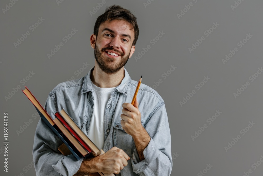 Cheerful teacher with books and pointer on grey background Cheerful teacher with books and pointer on grey background