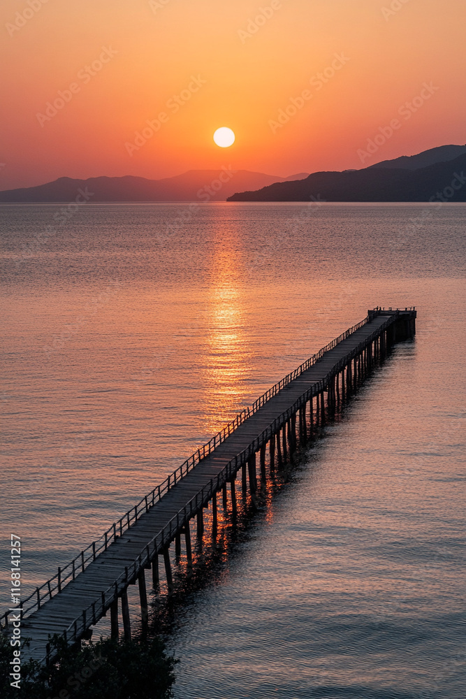 Obraz premium Sunset, a long wooden bridge stretching out into the sea